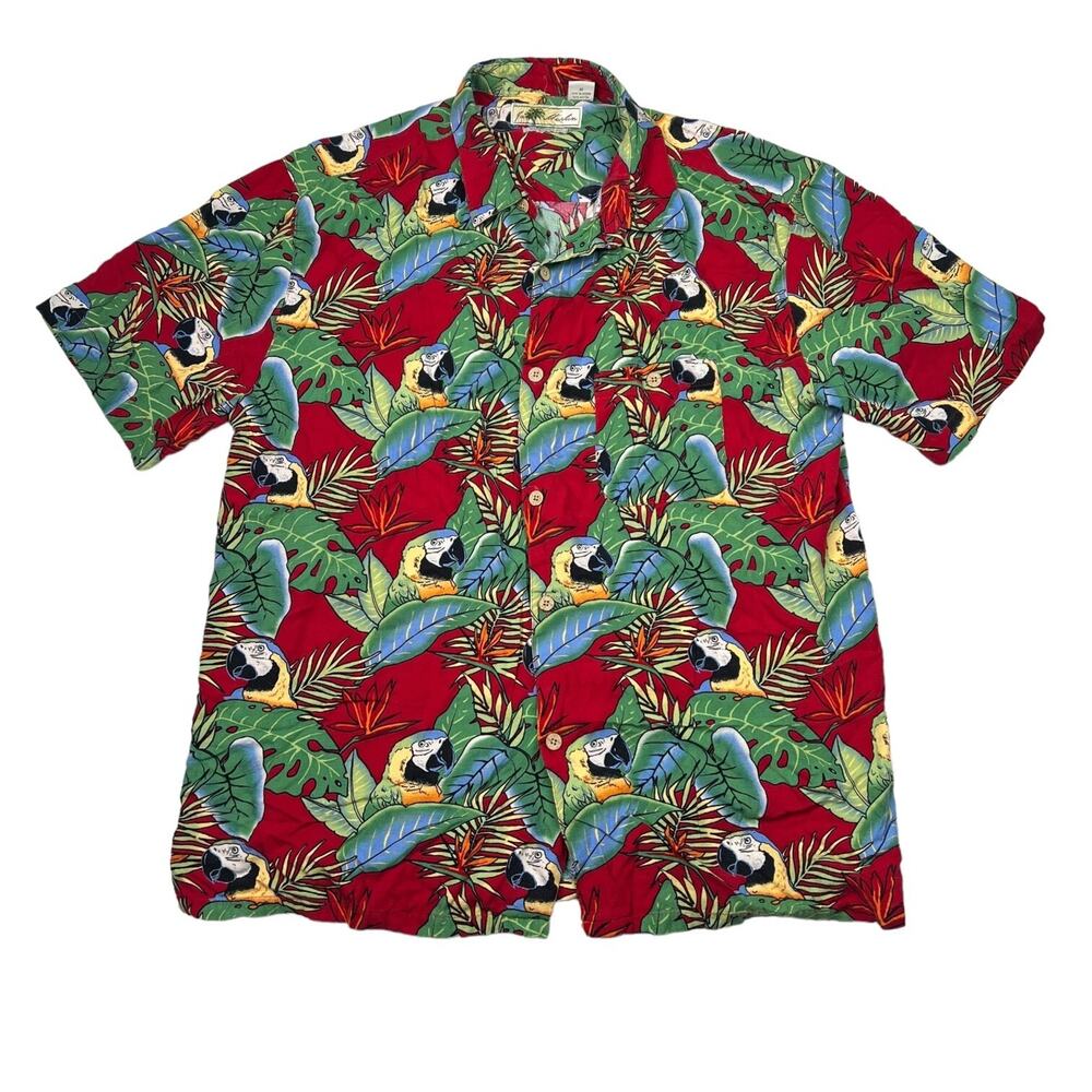 Joe Marlin Hawaiian AOP Parrot Palms Comfort Fit Casual Camp Shirt Red Mens XL